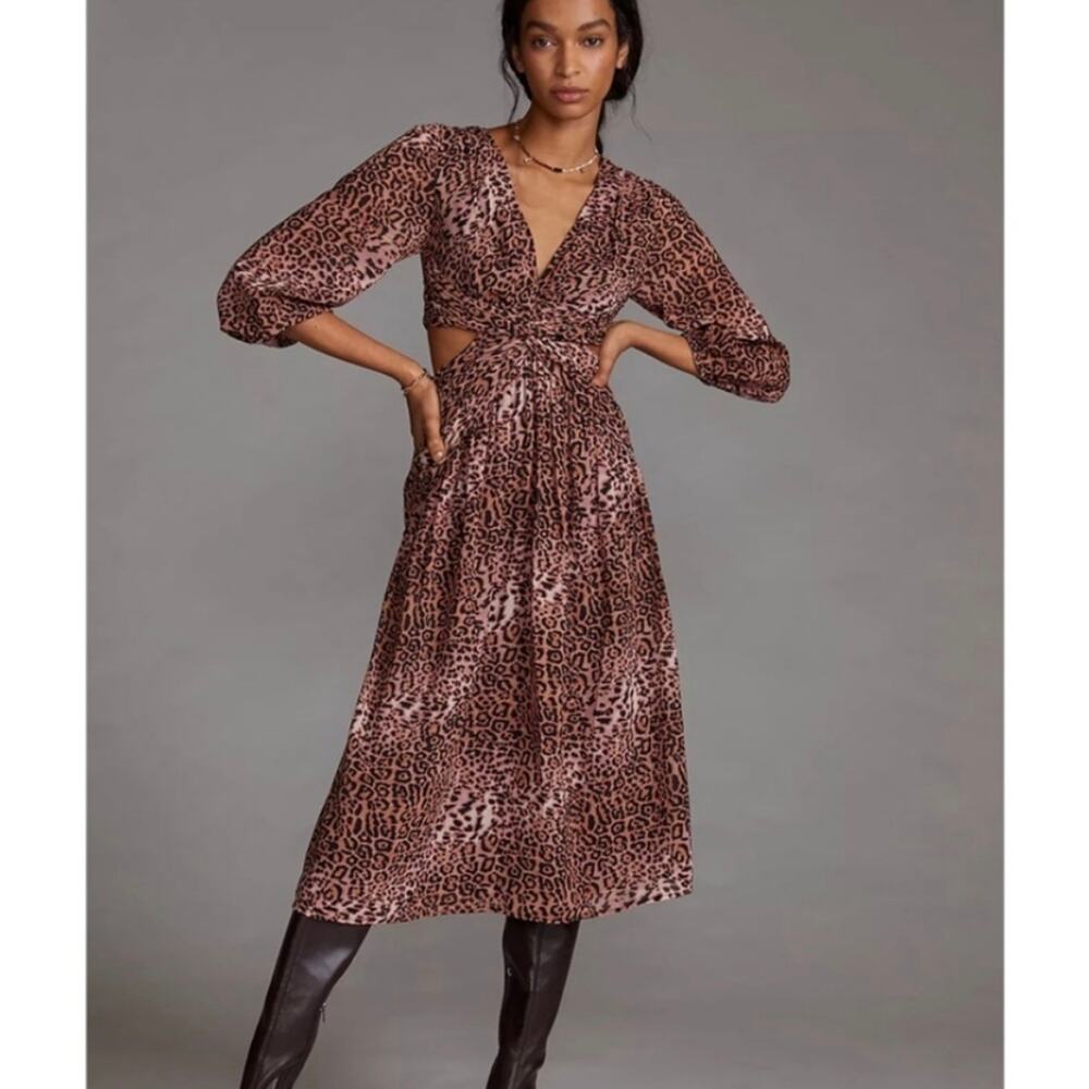 NEW Women's Anthropologie Ranna Gilli Cut Out Side Dress Small Leopard Print